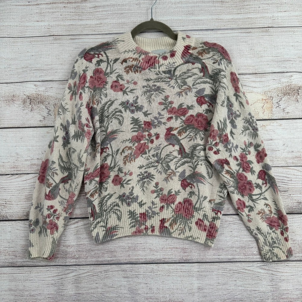 Vintage Marnie West Sweater Women M Cream Floral Bird Silk Angora Crew Neck